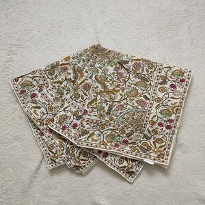 Pier1 Napkins 100%Cotton Tan Yellow Red Floral Animal Cottagecore India 4x Set